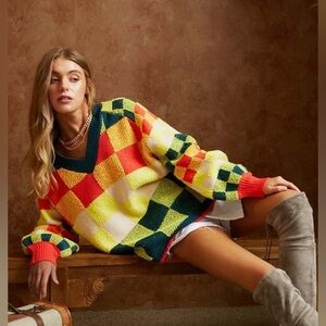 David & Dani Orange/Neon V Neck Plaid Cropped Sweater